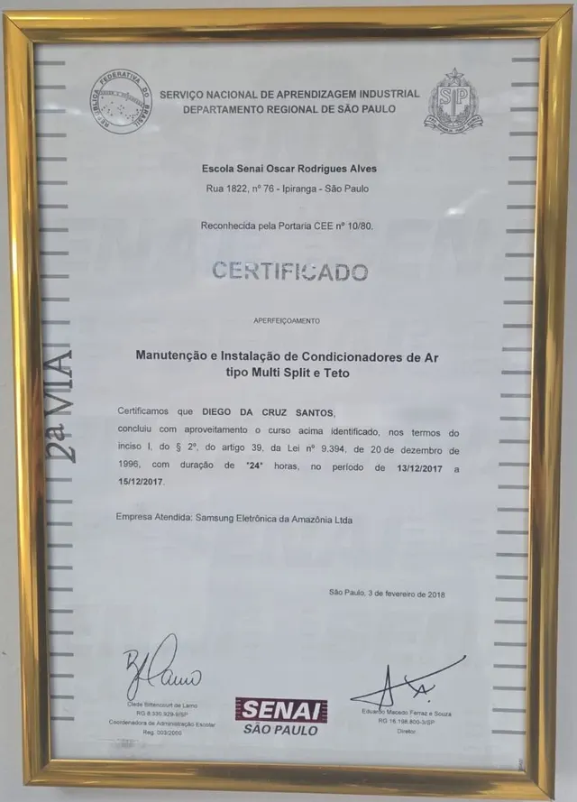 Certificado SENAI São Paulo de Manutenção e Instalação de Condicionadores de Ar tipo Multi Split e Teto, emitido para Diego da Cruz Santos