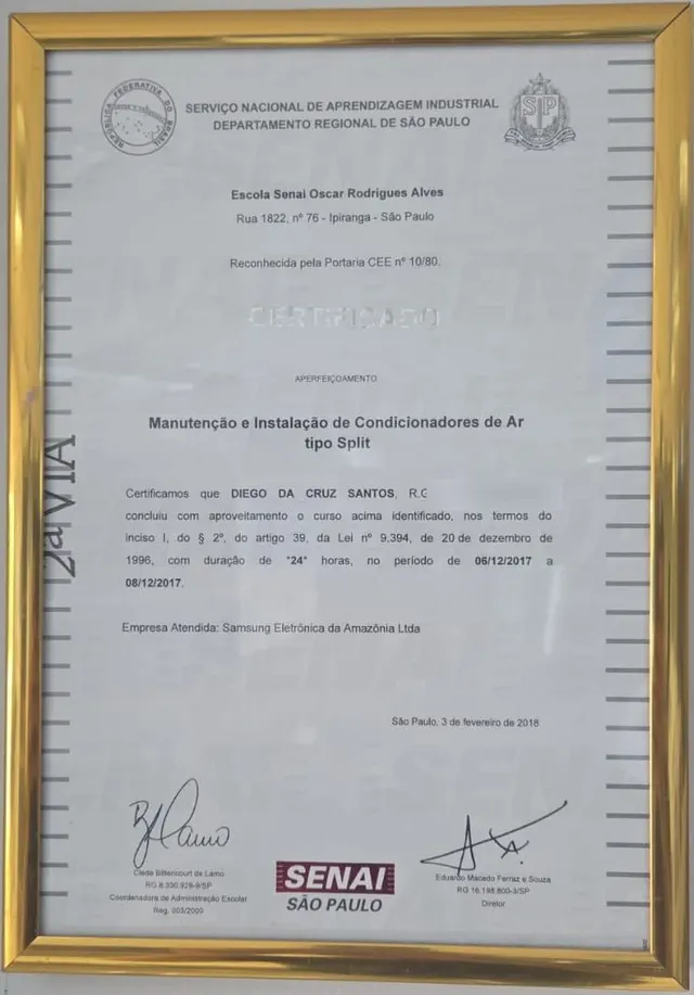 Certificado SENAI São Paulo de Manutenção e Instalação de Condicionadores de Ar tipo Split, emitido para Diego da Cruz Santos