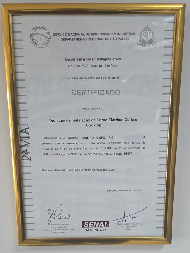 Certificado SENAI São Paulo de Técnicas de Instalação de Forno Elétrico, Coifa e Cooktop, emitido para Giovani Ribeiro Bispo