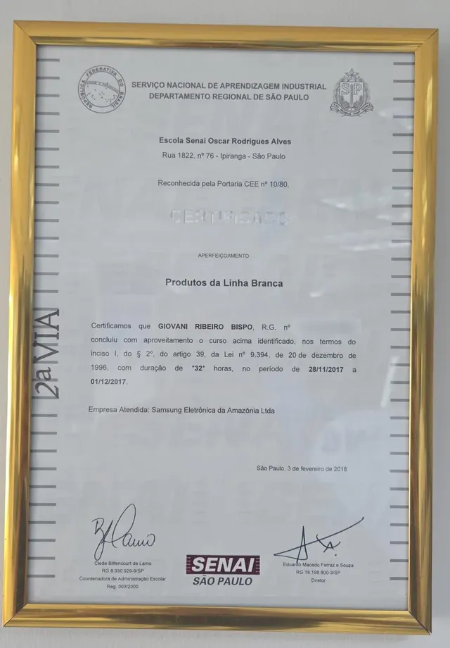 Certificado SENAI São Paulo de Produtos da Linha Branca, emitido para Giovani Ribeiro Bispo